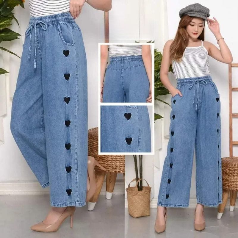 Kulot jeans Love Celana jeans wanita motif Love korean jeans