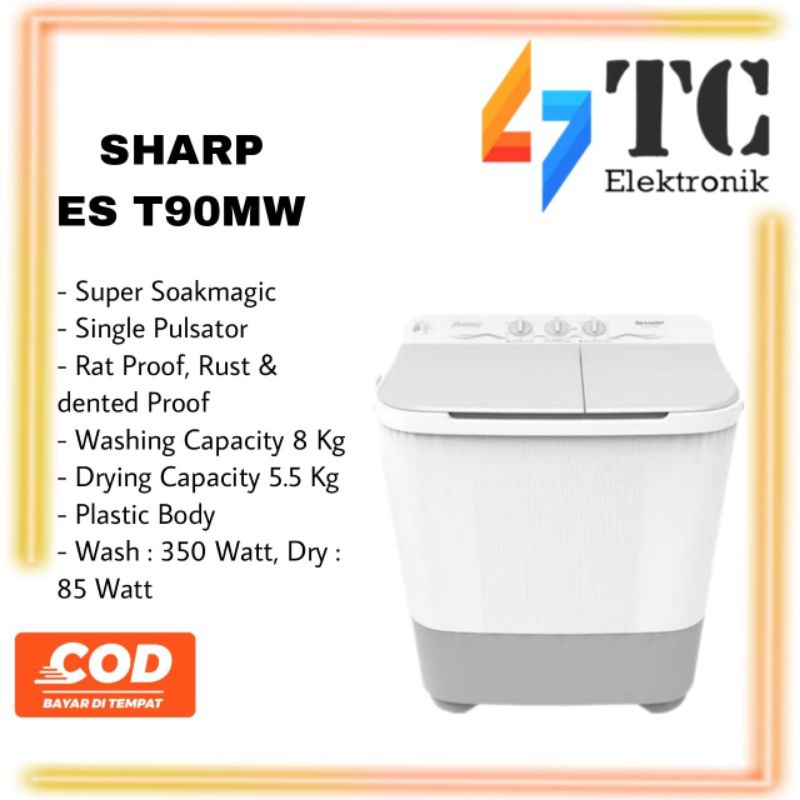 SHARP Mesin Cuci 2 Tabung ES-T90MW - 8kg