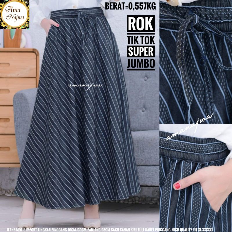 Tiktok Rok Super Jumbo Mayung Jeans Motif Garis Salur Lp 130 Fit XXXXL Pinggang Karet By Amj