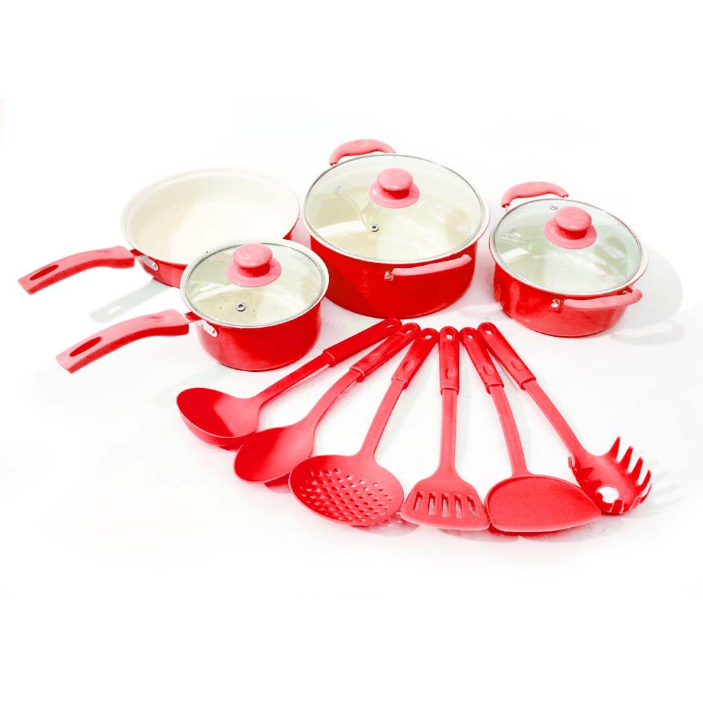 Panci Set Warna isi 13 pcs  Marbel Non-Stick Multifungsi CY-13 - Merah