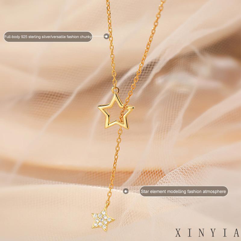 Xia.id Kalung Rantai Wanita Desain Bintang Hollow Out Hias Berlian Rumbai