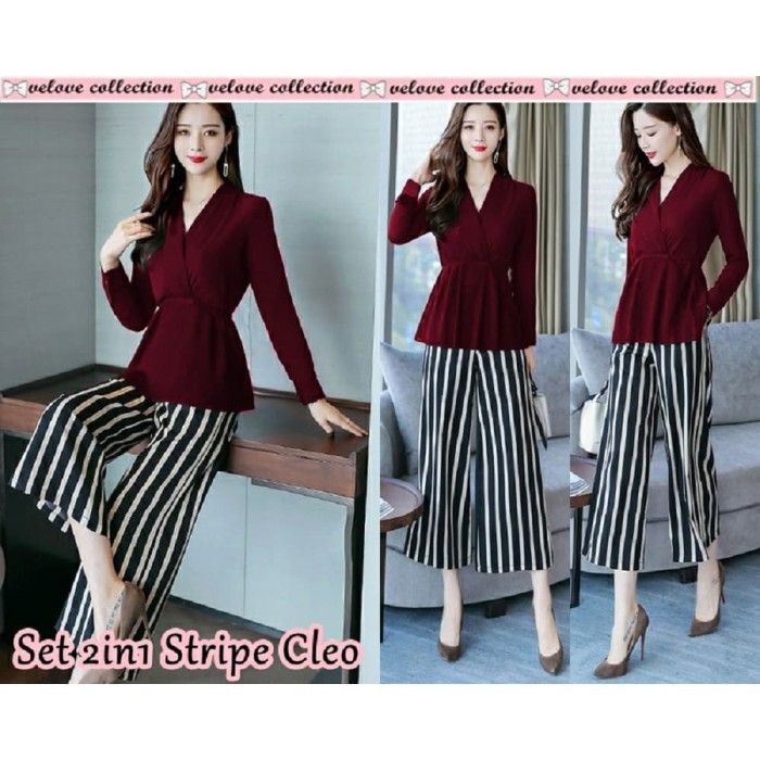Stripe Cleo Paket Setelan Baju Wanita Kerja Kantor Formal Set Blouse Celana Kulot 2in1