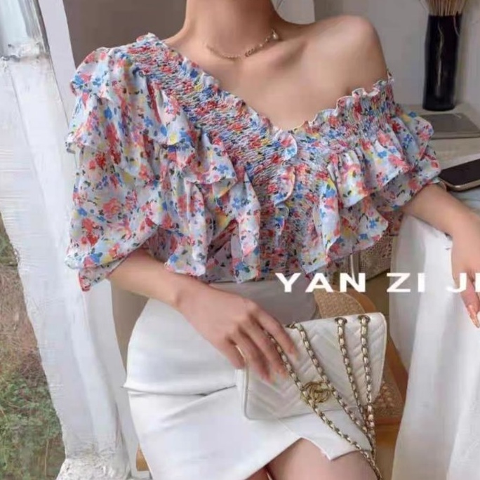 2434 Realpic Baju Atasan blouse kemeja lengan pendek bunga sifon import wanita leher Vi Sabrina biru