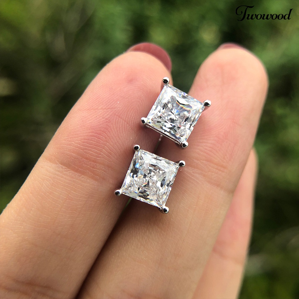 Twowood 1 Pair Exquisite Charming Women Earrings Plated Silver Square Cubic Zirconia Stud Earrings Jewelry Accessory