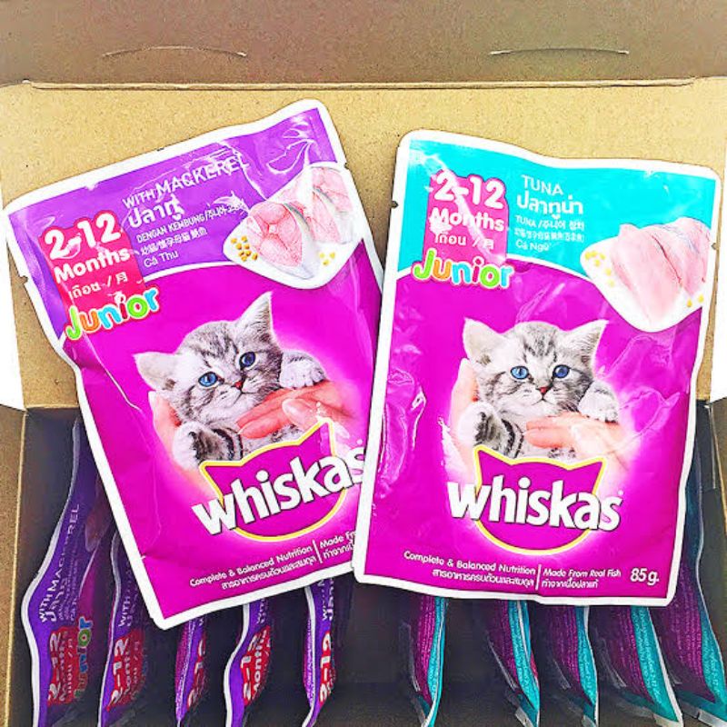 Jual whiskas junior / whiskas kitten pouch tuna mackerel/makanan kucing