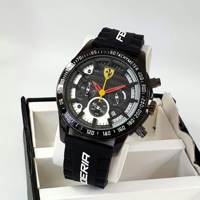 JAM TANGAN PRIA/COWOK FERRARI CHRONO AKTIF KW SUPER KARET TERBARU ELEGANT HARGA BERSAHABAT