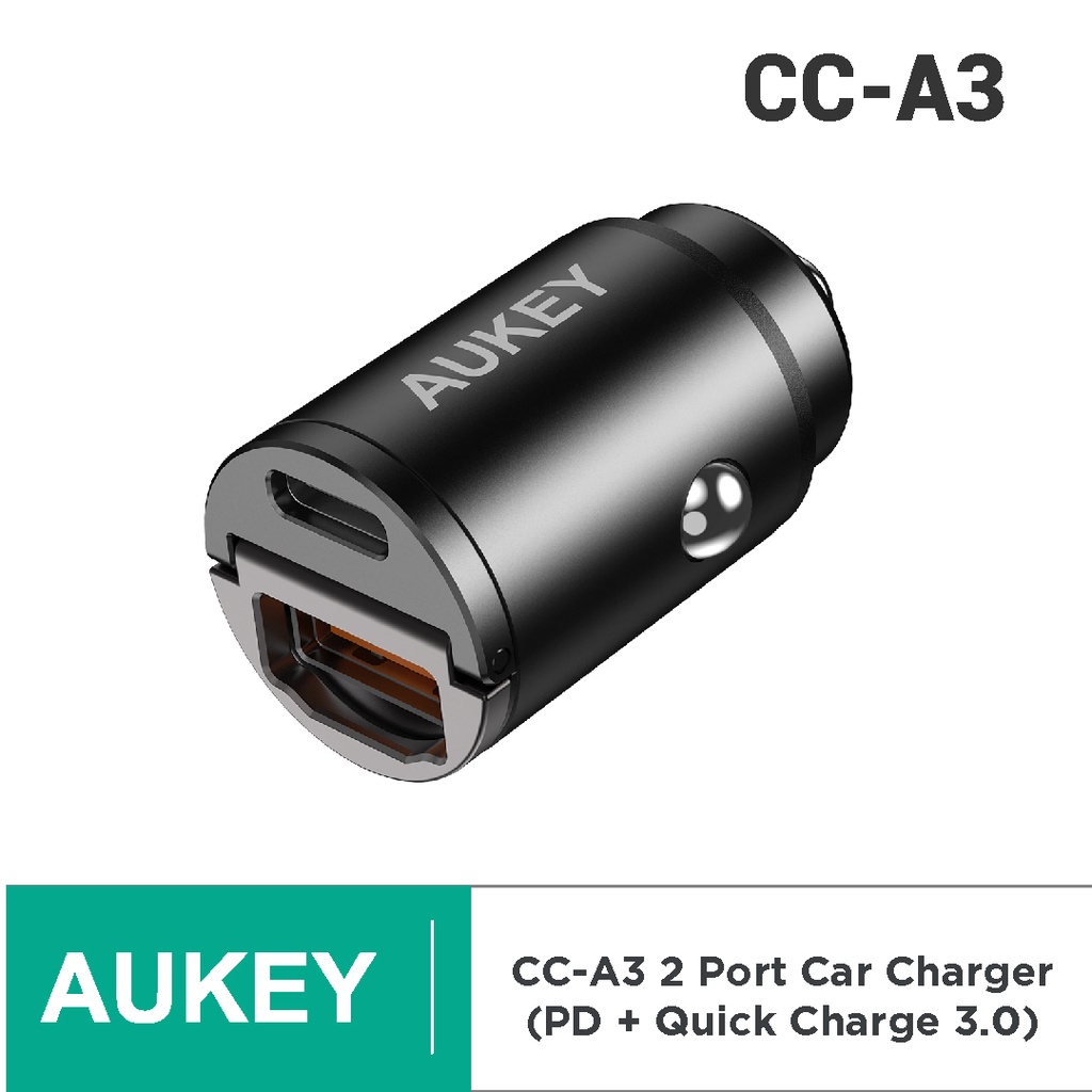 Charger Mobil Aukey CC-A3 2 Port USB-C &amp; USB A With PD &amp; QC - 500787