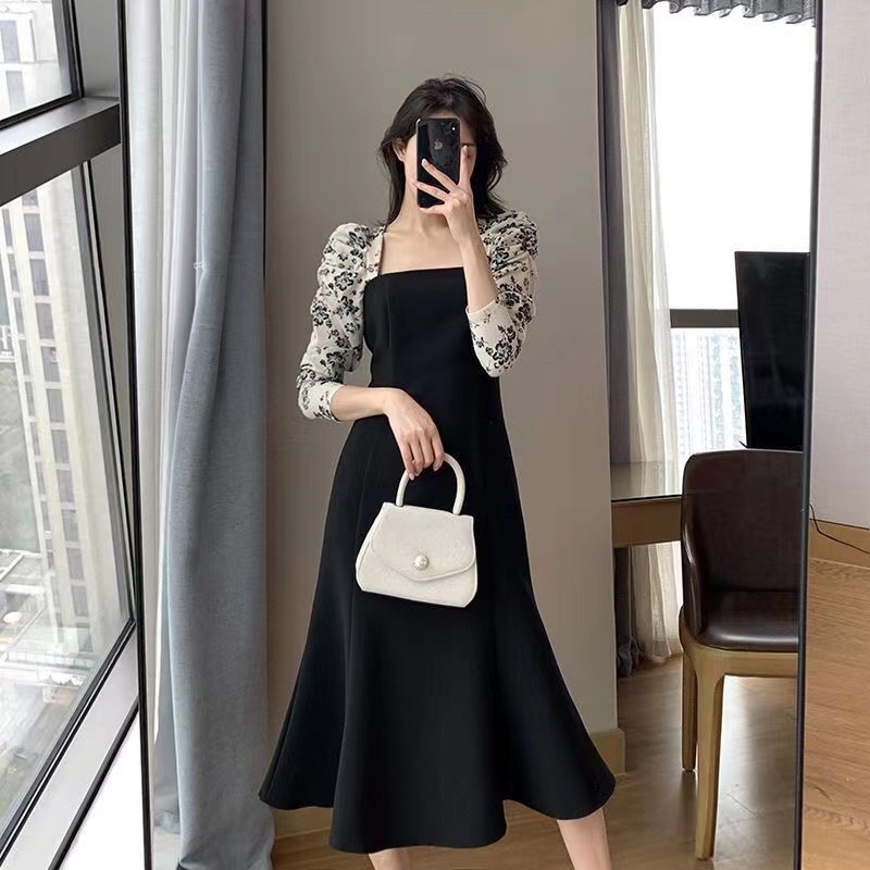 H7 D17/17 Dress midi square neck lengan panjang / korean vintage dress