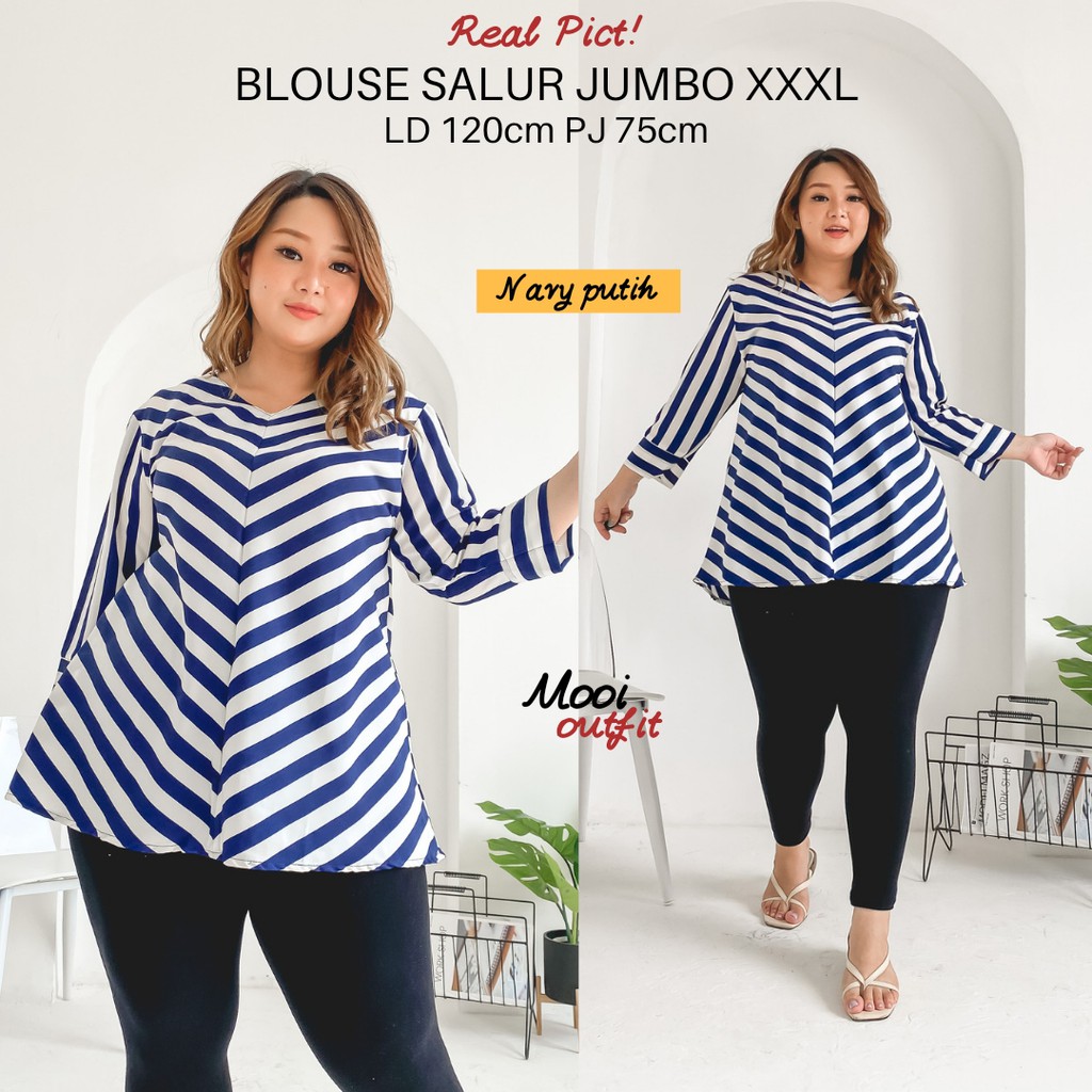 Blouse Jumbo Salur Ld 120- Blus Jumbo Wanita- Baju Jumbo Xxxl Ld 120- Blouse Wanita Jumbo-NAVY PUTIH