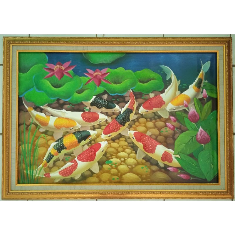 Lukisan Ikan Koi Fengshui Bali + Bingkai Pigura (Ukuran 90cm x 60cm)