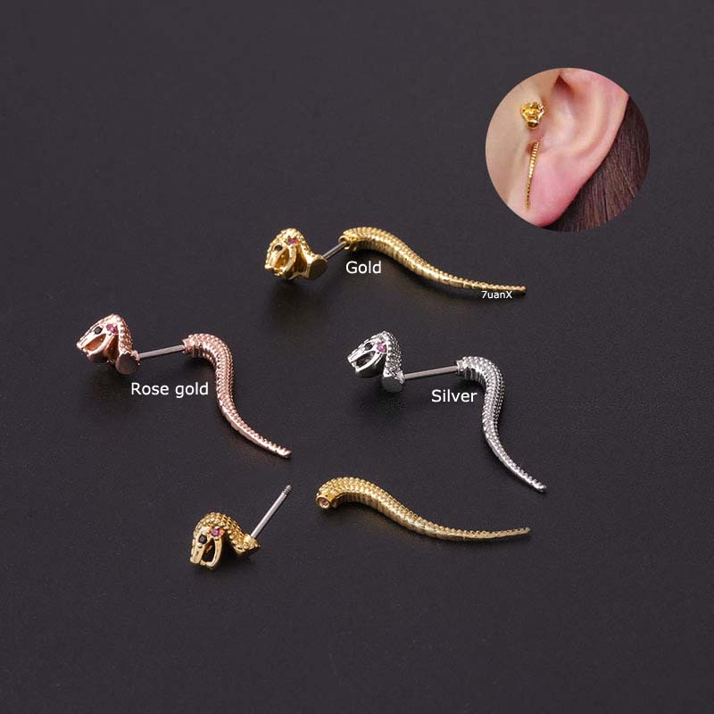 1 Piece Snake Shape Cartilage Tragus Earrings Helix Lobe Piercing Stud Stainelss Steel 20Gauge Barbell