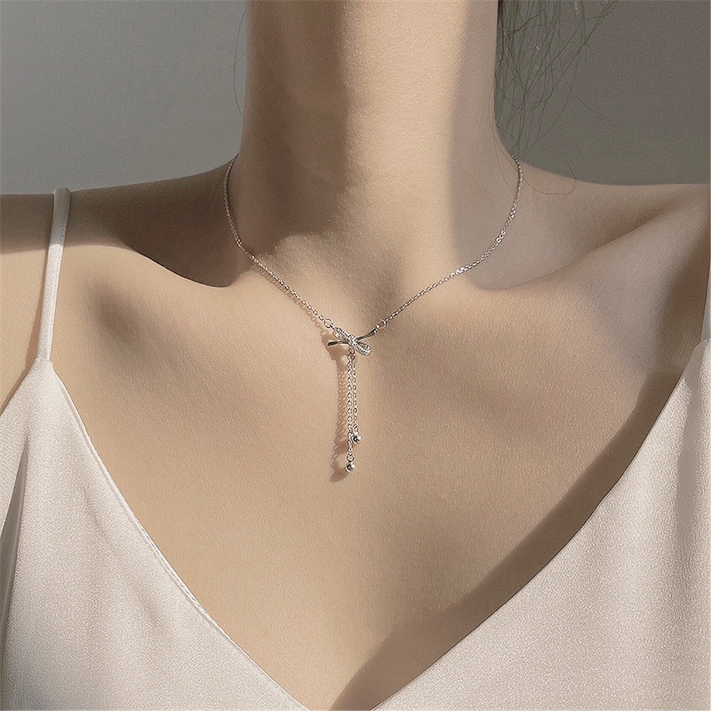 Kalung Rantai Klavikula Model Pita Rumbai Panjang Gaya Korea Untuk Wanita