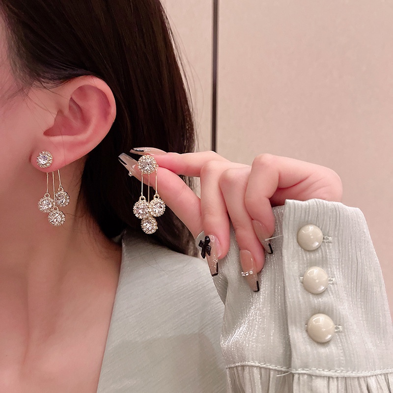 Anting Tusuk Gantung Bahan Sterling silver 925 Hias Zircon Gaya Mewah Berkilau Untuk Wanita