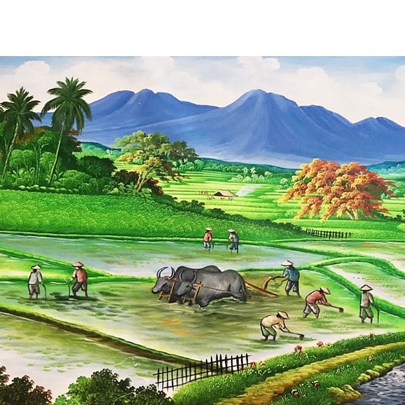 Langka dan Unik Lukisan Pemandangan Sawah Dengan Kerbau dan Petani