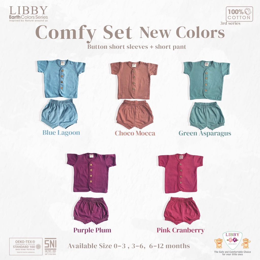 Libby Setelan Earth Colors Baju Pendek + Celana Pendek size 0-3, 3-6, 6-12 bulan