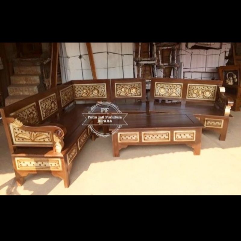 Meja kursi tamu sudut full ukir - Set meja kursi ruang tamu kayu jati