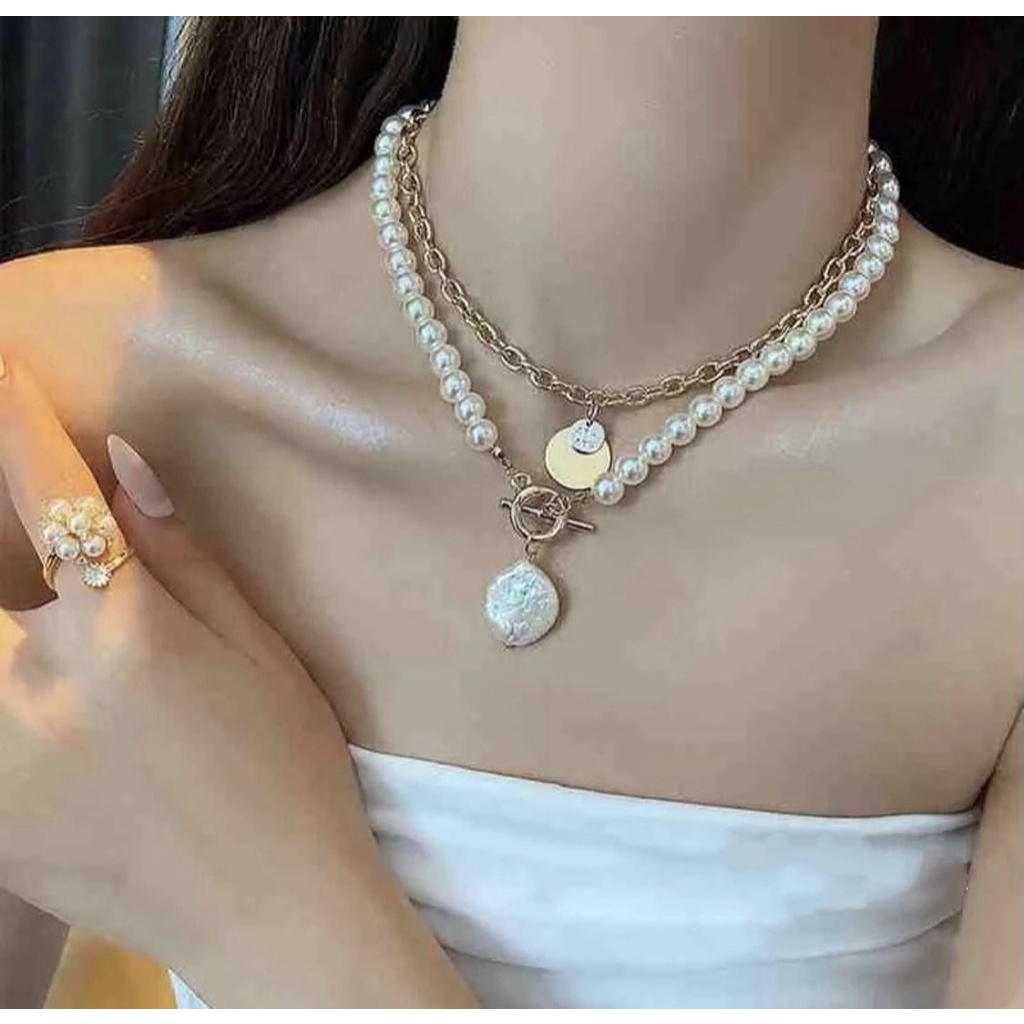 Kalung Mutiara Multilayer Double Layer Koin Dalika