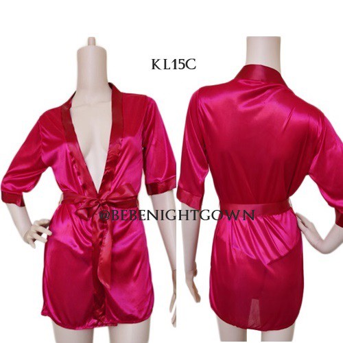 SET SIMPLE KIMONO TIDUR SEXY LINGERIE LACE SATIN MERAH WINE WANITA KL15C