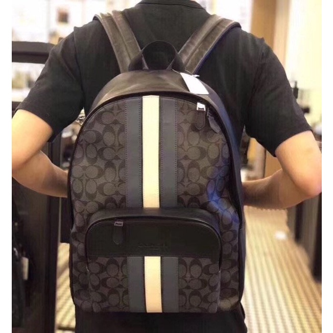 Tas Coach 67250 Houston Backpack Varsity Stripe Charcoal Denim