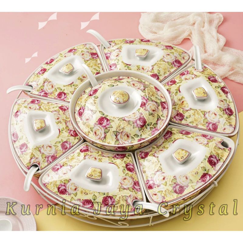 Prasmanan Bulat Keramik Motif Bunga Pop/ Wadah Saji Keramik Import Bunga Pop