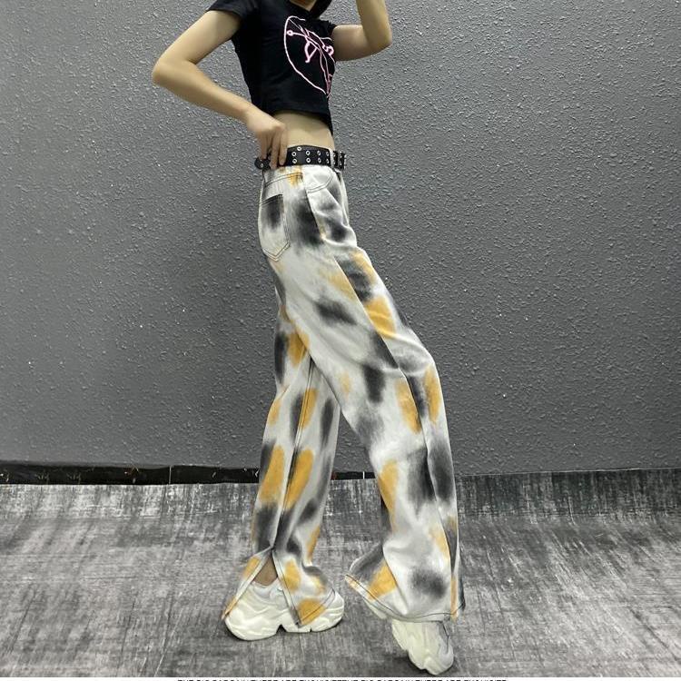 celana jeans pinggang tinggi warna tie-dye gaya barat slit wide leg jeans wanita musim gugur dan mus