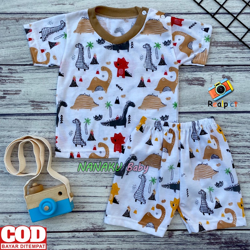 Ana Baby - Setelan baju Bayi Lengan Pendek Kaos Oblong Motif Dino Usia 3-12 Bulan