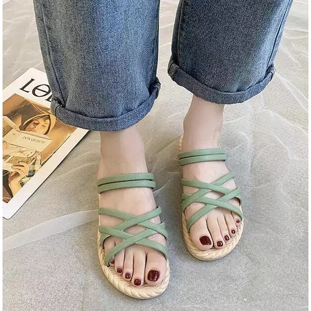 Sandal Wanita Tali Women Sandals Fashion Roman Cross Straps Flat Sandals Import Real Pict AFM
