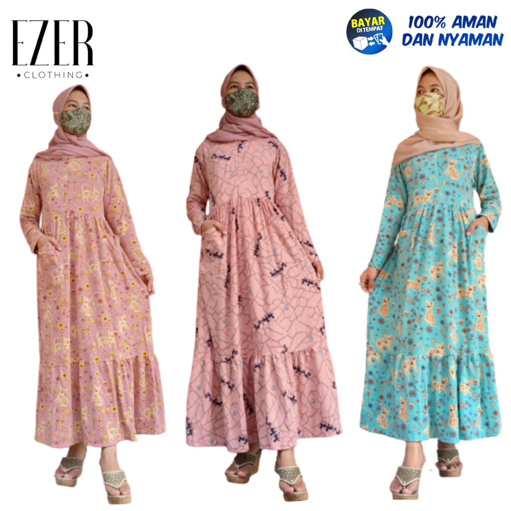 EZER Gamis Fashion Muslim Wanita Kekinian Motif Baby Terry Kucing, Kuda, Gucci, Kotak Viral