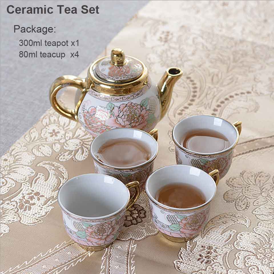 Teko cangkir set  1 teko 4 cangkir keramik china gaya eropha cagkir tamu gelas tamu exclusive Cangkir Teko Keramik Set 4 Cups 1 Pot European Style Bone China Coffee Pot Set with Wood Tray Spoon Ceramic Electroplating Process High Temperaturetea Cup Eco