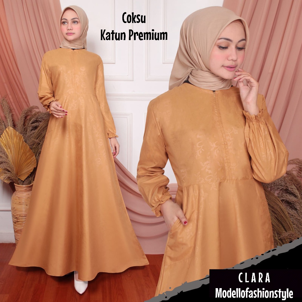 Clara - Gamis Dress L / XL Jumbo Polos Emboss Busui Bahan Katun 100% Berkualitas Warna Coksu Coklat 