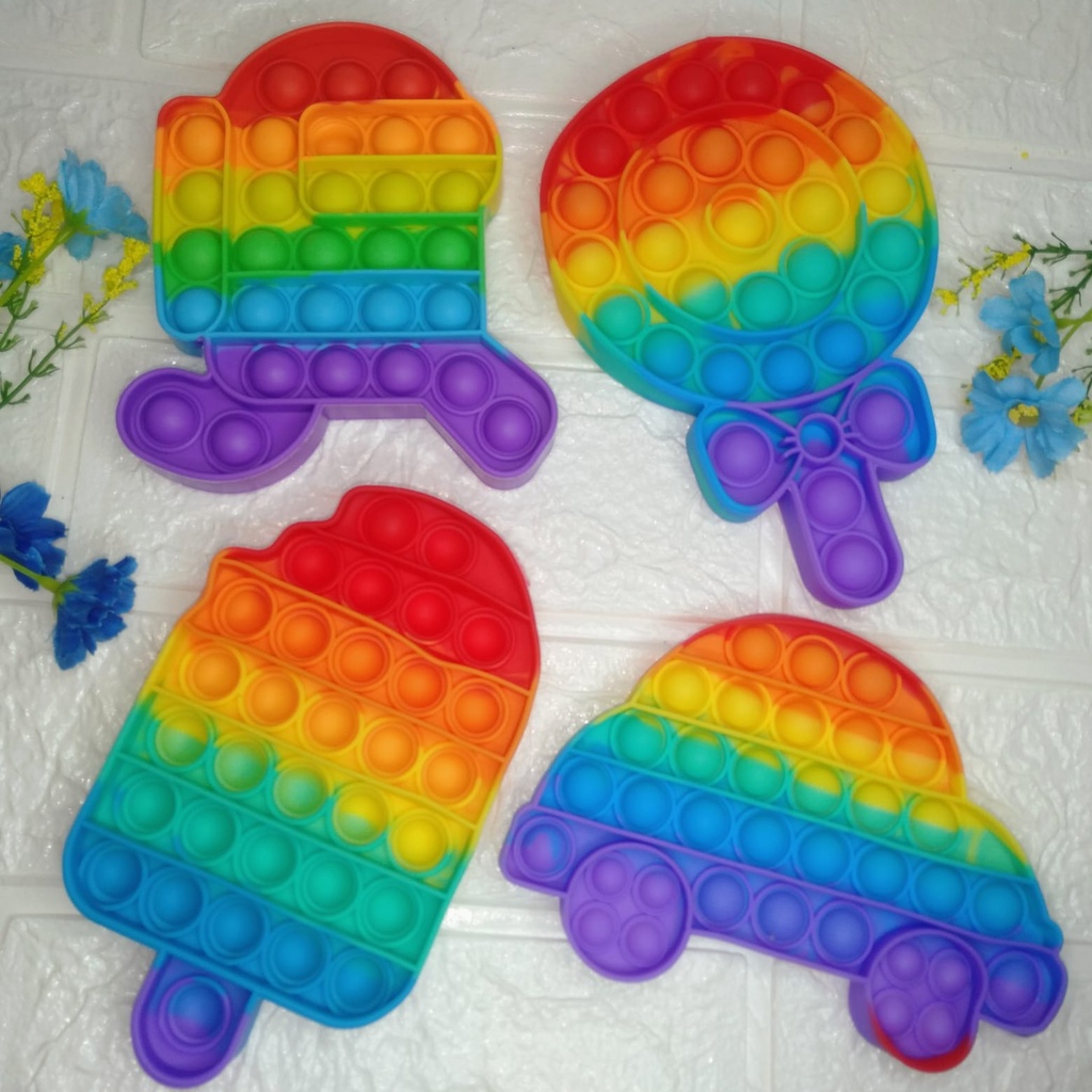 S3A_STORE MAINAN ANAK POP IT PELANGI KARAKTER DINOSAURUS ROBOT UNICORN STAR ROKET BUTERFLY ICE CREAM MOBIL KERINCINGAN-1