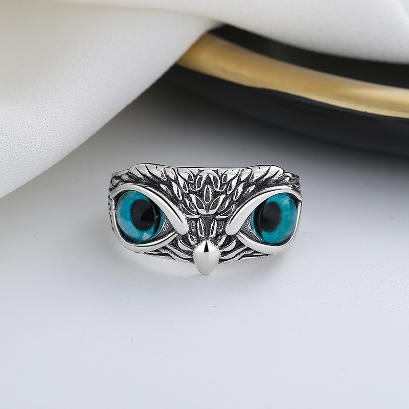 Cincin Desain Burung Hantu Mata Biru Gaya Harajuku