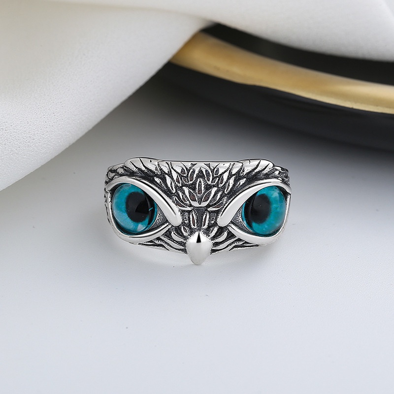 Cincin Desain Burung Hantu Mata Biru Gaya Harajuku