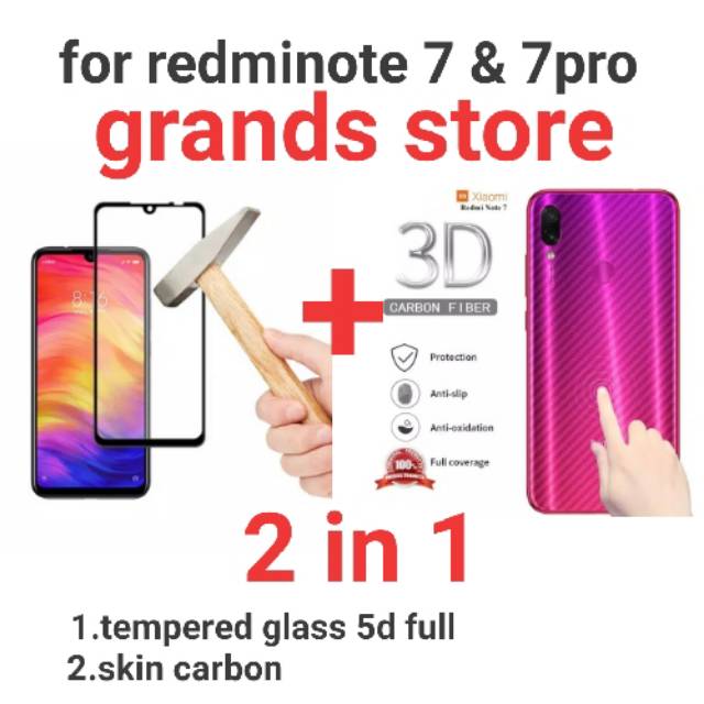 (2 in 1) tempered glass 5d full + skin carbon redminote 7/7pro/9/9pro