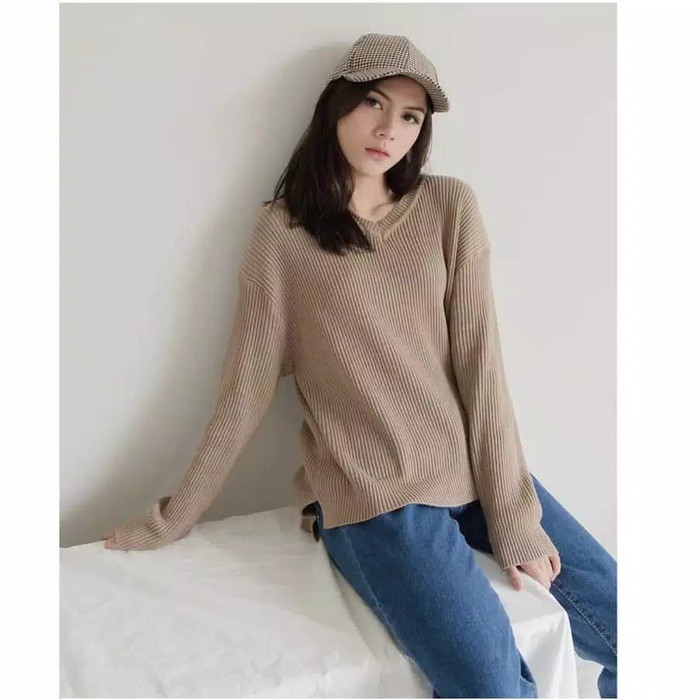 VIONA - QIYA SWEATER - VNECK BOXY RAJUT SWEATER-CREAM