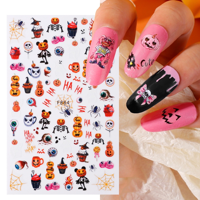 Stiker Kuku 3D Motif Kartun Hantu Labu Tengkorak Halloween Untuk Dekorasi Nail Art