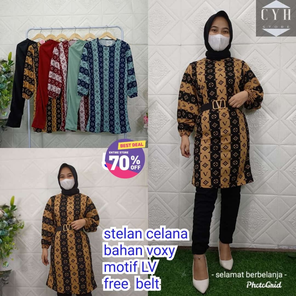 SETELAN TUNIK MOTIF LV FREE BELT BAHAN VOXY / FASHION PAKAIAN WANITA KEKINIAN