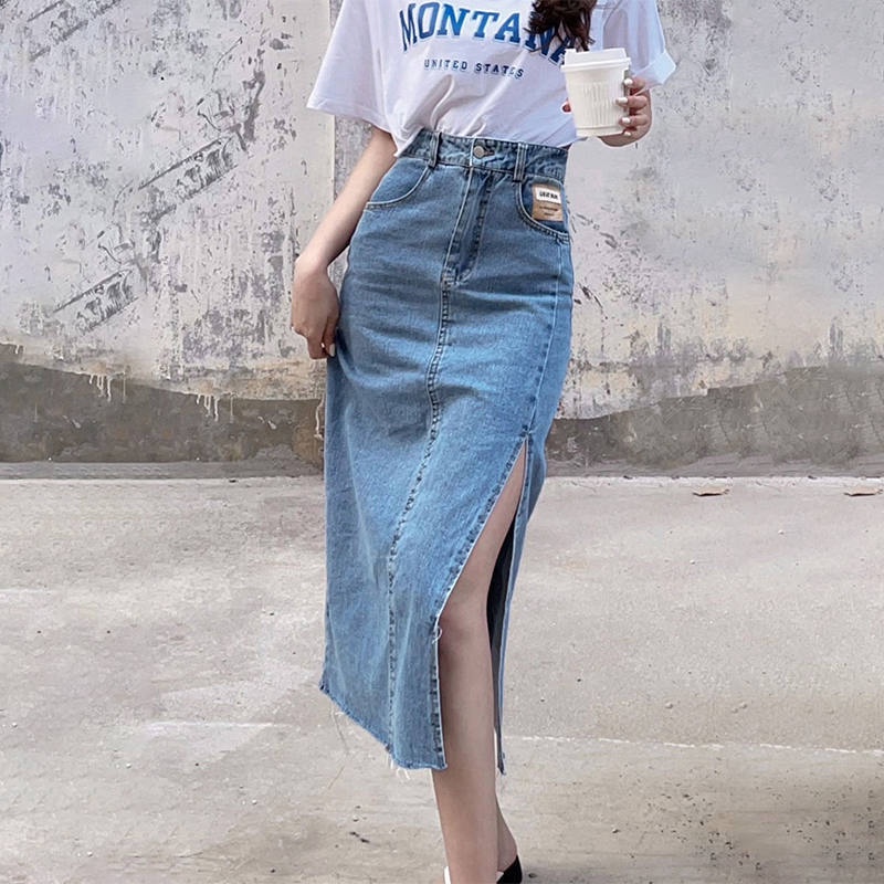 Rok jeans wanita slit skirt panjang fashion korean style high waist  denim 2023 terbaru ootd kekinian