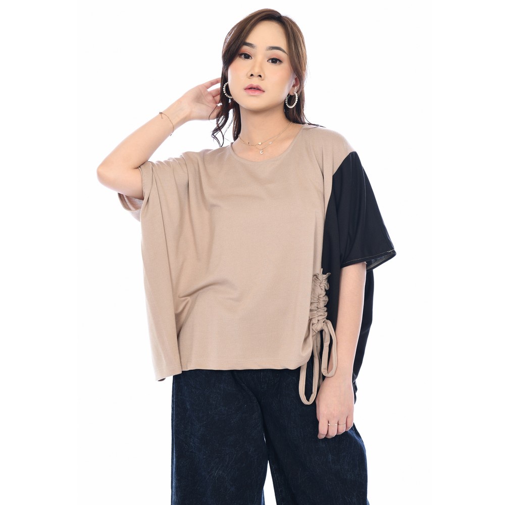 Yoenik Apparel Oversize Two Tone Colour Khaki - Black M13960 R43S4 - Atasan Wanita Blouse Oversize Baju Two Tone
