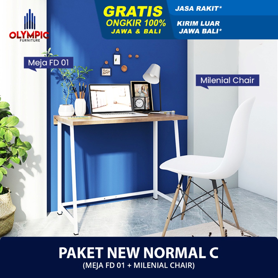 Olympic Paket Meja Kursi New Normal C - Meja Kerja / Meja Belajar + Kursi - FD 01 + KURSI MILENIAL