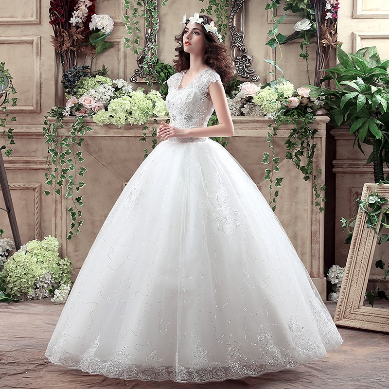 Luxurious White Women Wedding Dress Lace Embroidery Diamond Sequin Bridal Dress Gaun Import Gown