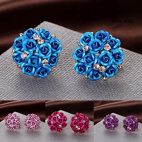 OW@ Women Fashion Elegant Inlaid Rhinestone Blooming Rose Flower Ear Studs Earrings