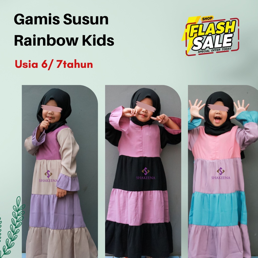 Baju muslim gamis anak perempuan model susun rainbow kids