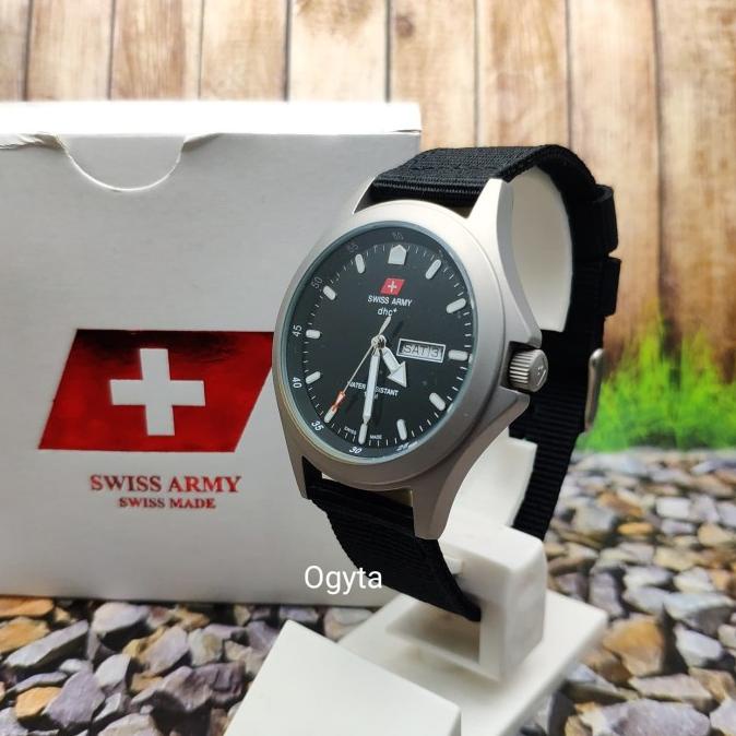 Swiss Army Analog Jam Tangan Pria Silver Hitam Canvas 1880G Original