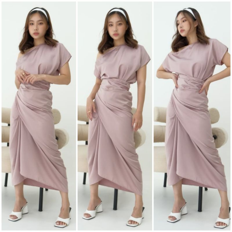 ❣️ SPECIAL PRICE ♡ PREMIUM ♡ ORIGINAL ! CASSIE LUXURY 2 IN 1 PARTY DRESS SET TOP &amp; ADJUSTABLE  TIED  SKIRT / SETELAN PESTA POLOS ONE SHOULDER SABRINA