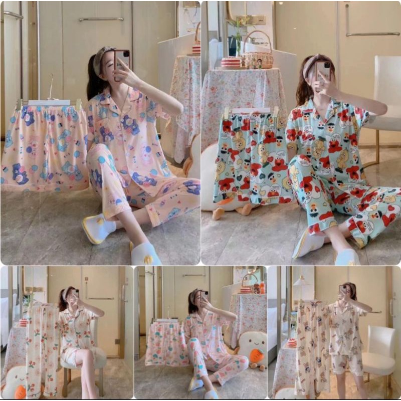 Baju tidur wanita 3in1 kancing import / Piyama wanita import kancing