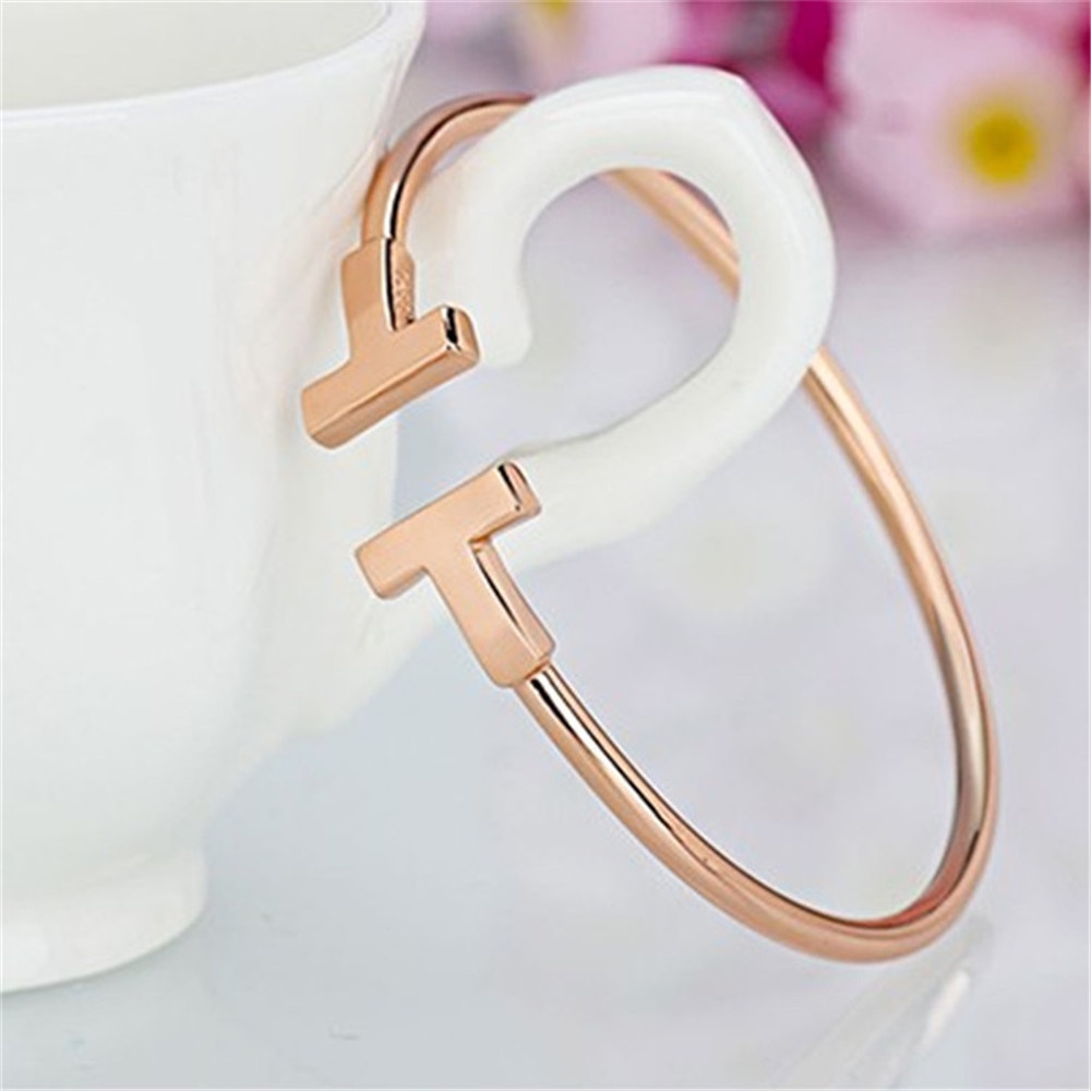 Set Gelang Model Terbuka Desain T Ganda Bahan Zirkon Warna Rose Gold