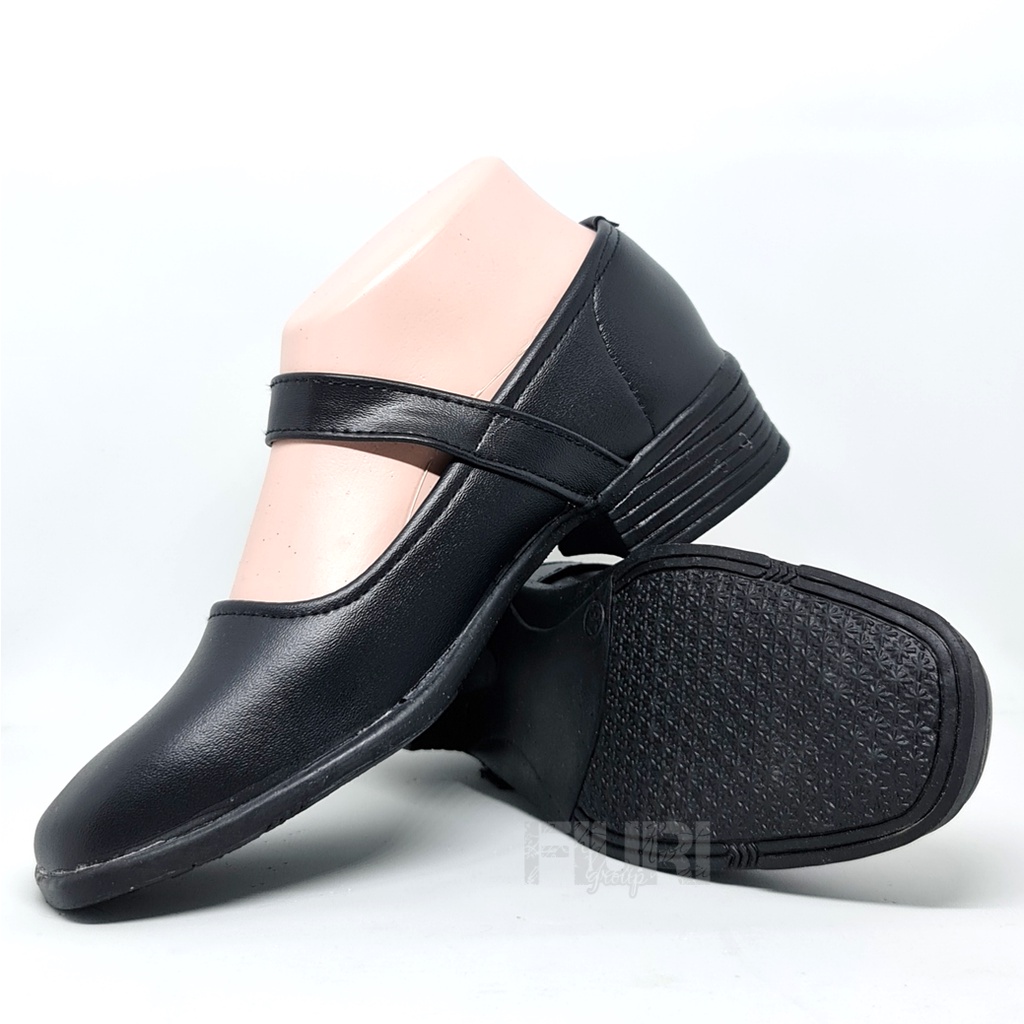 FIURI - Sepatu Pantofel Wanita Hitam Tali Perekat 36-42 Bonus Hitam Polos Hak 3cm - Sepatu Sekolah Perawat Suster Bidan Paskib Hak Tahu 3 cm Upacara Paskibra - Sepatu Formal Perempuan SD SMP SMA Pelatihan Ospek Kerja Kantor Resmi Kulit Murah Promo Diskon