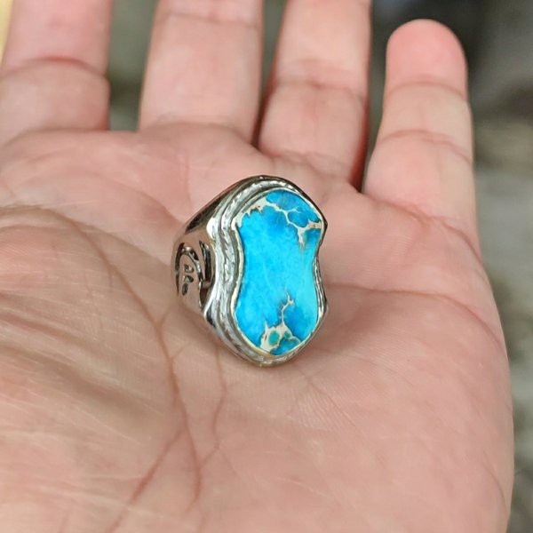 Cincin Batu Akik Natural Pirus Biru Nevada Motif Terompa