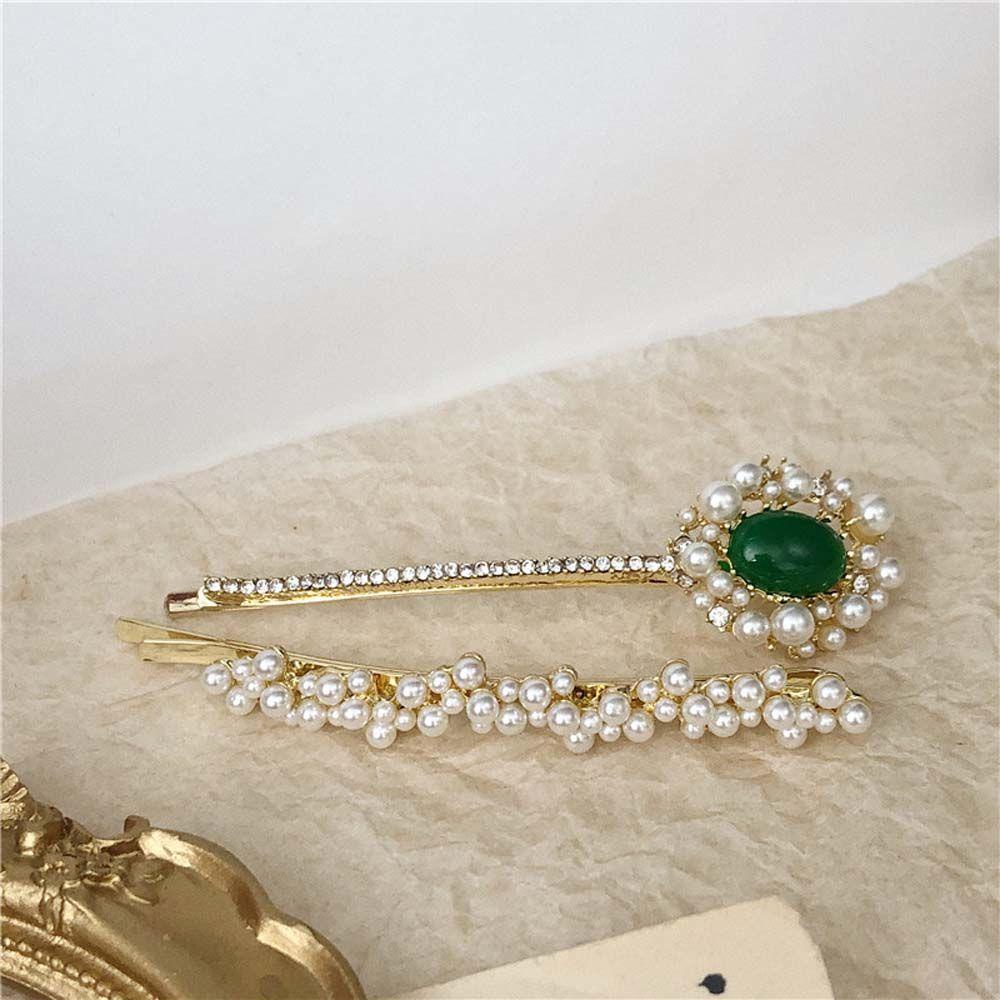 Agustina Berlian Imitasi Klip Rambut Gadis Mewah Kristal Mutiara Memperbaiki Pinggiran Jepit Hiasan Kepala Pearl Barrette Pin Berlian Imitasi Permata Hijau Gaya Korea